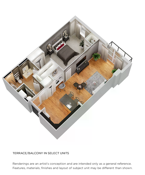 Floor plan for 1 bed, 1 bath, 746 sqft